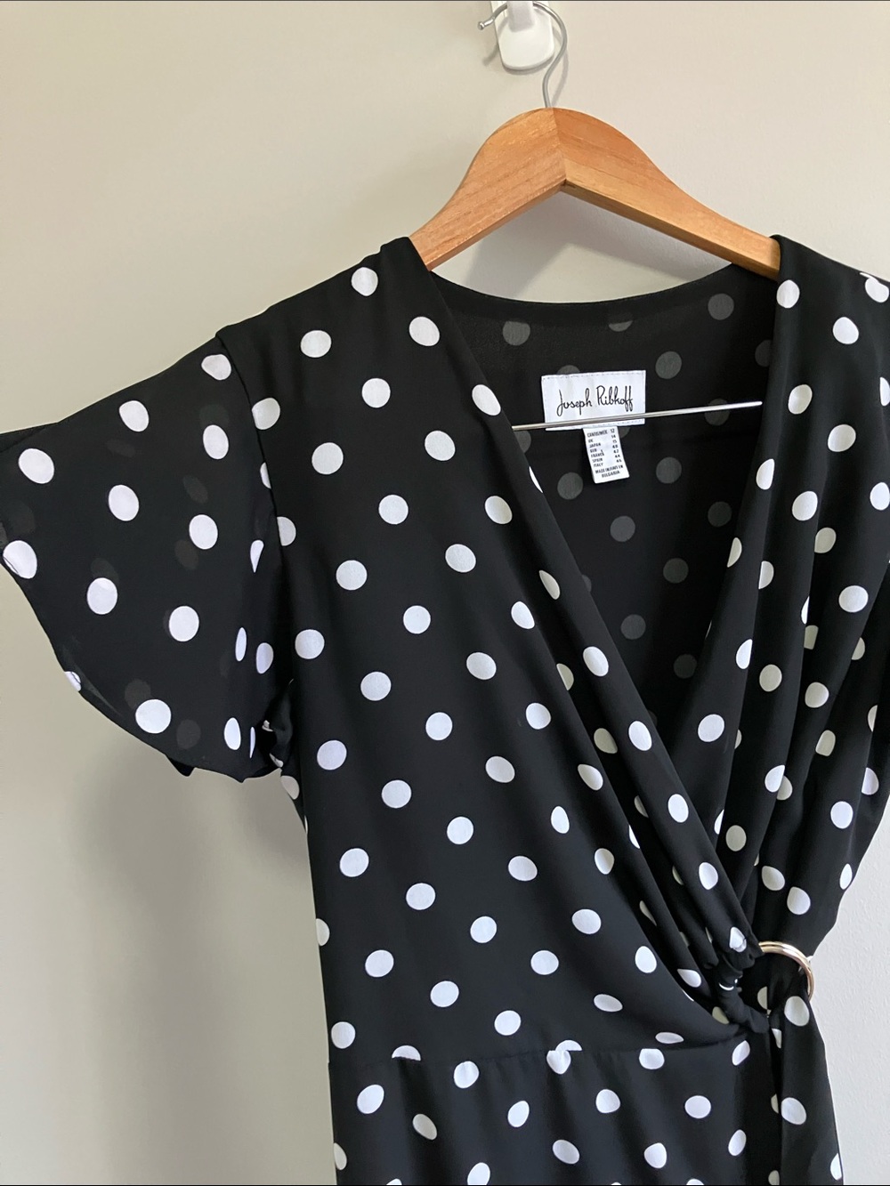 Joseph Ribkoff black and White Polka Dot Wrap Midi Dress ruffle A-line size 12 - Picture 3 of 10